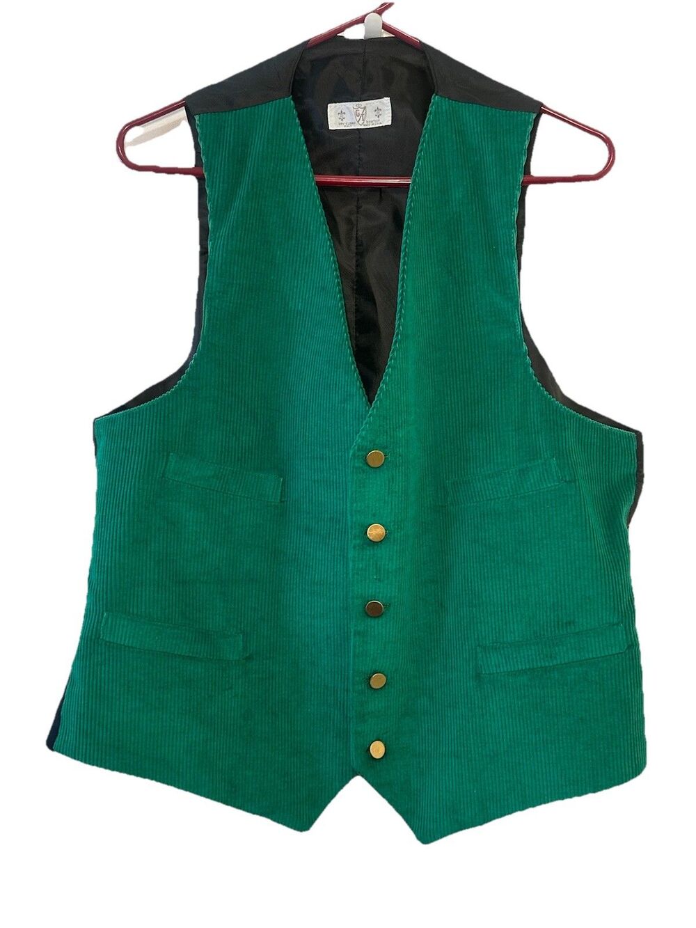 Vintage Green Corduroy Vest Mens Medium USA Made Satin Back Adjustable Strap